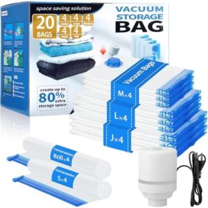 20 Pack Vacuum Storage Bags with Electric Pump, 4Jumbo/ 4Large/ 4Medium/ 4Small/ 4Roll Compression Space Saver Vacuum Seal Bags for Clothing Travel Luggage Comforters Blankets Pillows Bedding