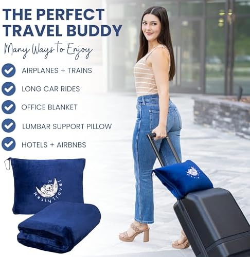 Resty Travel Blanket - Compact Airplane Blanket with Bag - Small and Lightweight Traveling Blanket & Pillow - Portable Blankets with Carabiner for Easy Transport - Plane Train Car (Navy Blue) - Image 2