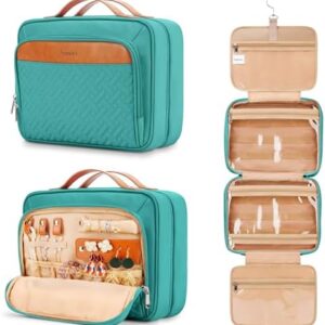 Travel Hanging Toiletry Bag for Women, with Jewelry Organizer Compartment, Medium Waterproof Hanging Makeup Accessories, Cosmetic Essentials, Toiletries Dopp Kit Set with Trolley Belt, Blue