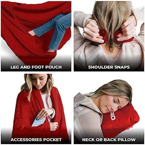 Lightweight Travel Blanket - Premium & Compact Airplane Wearable Blanket with Neck Snaps, Cozy Foot Pockets, Zipper Pouch - Converts into Soft Pillow - Designed for Ultimate Comfort - Scarlet - Image 4