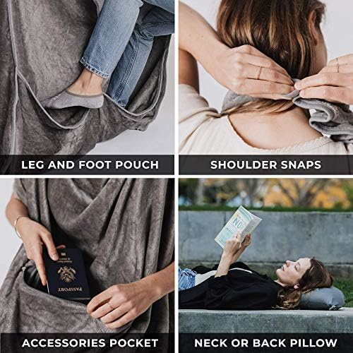 Lightweight Travel Blanket - Premium & Compact Airplane Wearable Blanket with Neck Snaps, Cozy Foot Pockets, Zipper Pouch - Converts into Soft Pillow - Designed for Ultimate Comfort - Shadow - Image 3