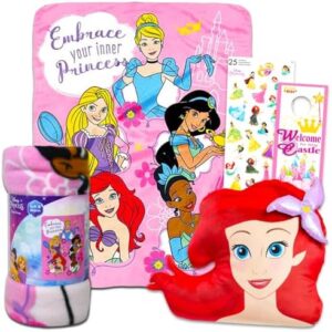 Disney Princess Travel Blanket and Pillow Set - Bundle with Disney Princess Blanket, Ariel Plush Pillow, Stickers, More | Disney Princess Travel Accessories for Kids