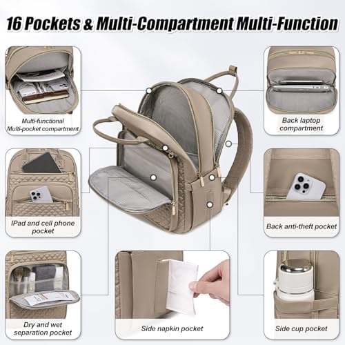 Laptop Backpack for Women,15.6 Inch Laptop Backpack for Work,Waterproof Travel Backpack,College Bookbag with Wallet (Khaki) - Image 4