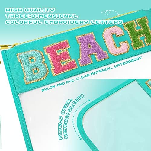 Chenille Letter Clear Travel Zipper Pouch Nylon Makeup Bag, Preppy Makeup Bag Clear Cosmetic Toiletry Bag, Water-proof Makeup Travel Pouch Snack Bags for Women (Mint Green-Beach) - Image 3