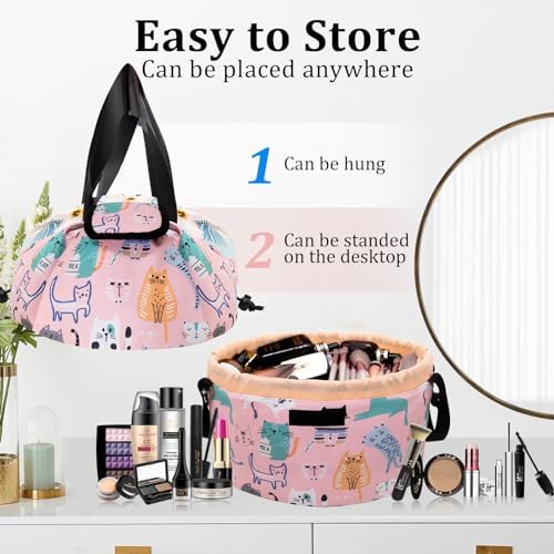 Large Barrel Drawstring Makeup Bag,Travel Makeup Bag,Portable Cosmetic Bag Make Up Organizer Bag for Travel Accessories Essentials and Hair Product,Gifts for Women Girls(cat makeup bag) - Image 6