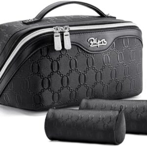 BOYATU Travel Makeup Bag for Women: Cosmetic Organizer Bag with Compartments - Leather Make up Bags Set of 3 Black
