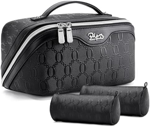 BOYATU Travel Makeup Bag for Women: Cosmetic Organizer Bag with Compartments - Leather Make up Bags Set of 3 Black