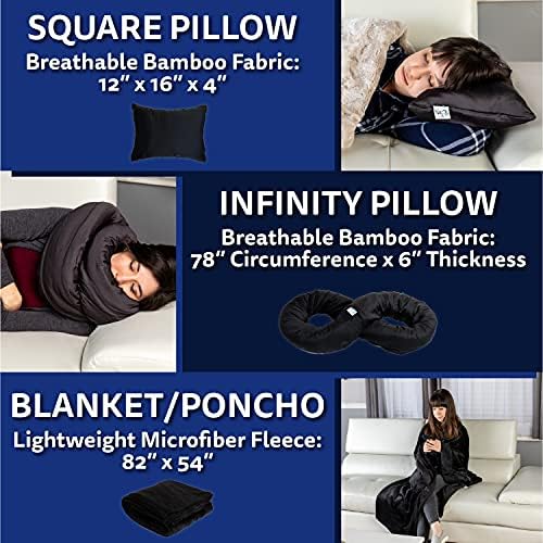 Travel Pillow and Polyester Blanket, 3 in 1 Breathable Square Pillow/Infinity Pillow/Micro Fleece Polyester Blanket for Comfort on Airplane, Car, Bus, and Home - Black - Image 3