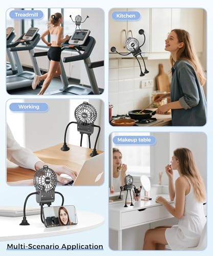 Freestyle Small Robot Fan, Fun Desk Fan with Suckers, Rechargeable Portable Fan and Phone Stand 2 in 1 for Office, Travel and Cars, Black - Image 6