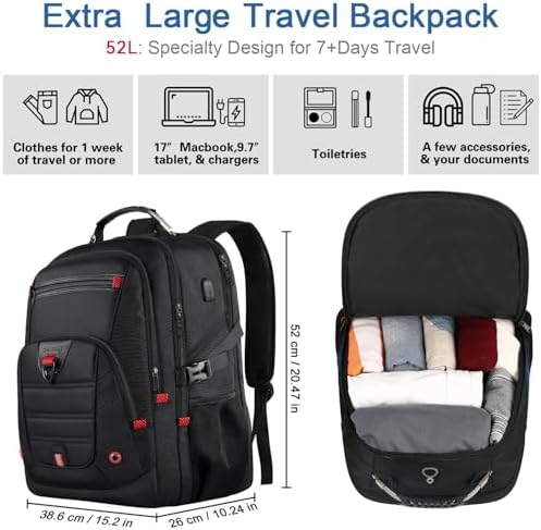 Z-MGKISS Extra Large Travel Backpack, 52L TSA Backpack 17.3 Inch, Anti-Theft 17 Inch Big Business Laptop Backpack for Men & Women, Water Resistant College Rucksack Bag with USB Port, Black - Image 2
