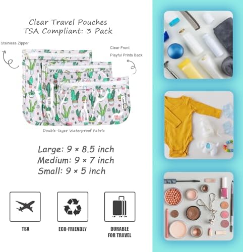 TSA Approved Toiletry Bag, Set of 3 Clear Travel Toiletry Bag Quart Size Zipper Travel Pouch, Waterproof Makeup Cosmetic Bag for Women Men Kids Toiletries Carry on, Cacti A - Image 3