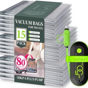 Travel Vacuum Storage Bags with USB Electric Pump, 15 Pack Compression Travel Packing Bags for Luggage and Suitcase, Carry-on Size Space Saver for Clothes and Clothing