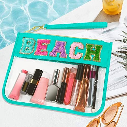 Chenille Letter Clear Travel Zipper Pouch Nylon Makeup Bag, Preppy Makeup Bag Clear Cosmetic Toiletry Bag, Water-proof Makeup Travel Pouch Snack Bags for Women (Mint Green-Beach) - Image 7
