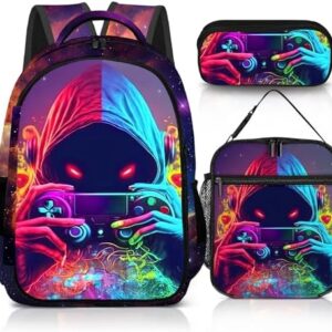 Game Backpack Set for Boys, Gaming Backpack 3 Pack, Boy Backpack Lunch Box, and Pencil Bag for Kids Teens Elementary Middle School, Large Capacity Game School Bag 17" Travel Back Pack