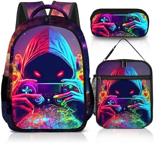 Game Backpack Set for Boys, Gaming Backpack 3 Pack, Boy Backpack Lunch Box, and Pencil Bag for Kids Teens Elementary Middle School, Large Capacity Game School Bag 17" Travel Back Pack