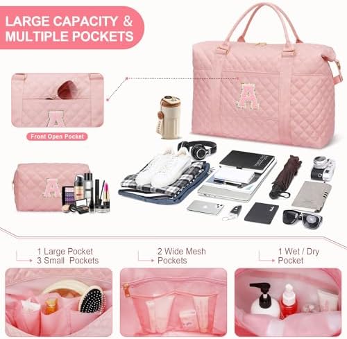 Personalized Initial Weekender Bags for Women, Travel Duffle Overnight Carry On Hospital Bag with Toiletry Bag, Gift for Daughter Kid Girl Wife(Pink,A) - Image 3