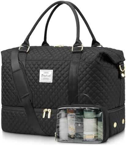 Women Weekender Travel Duffle Bags: Duffel Overnight Bag with Shoe Compartment Large Carry on Tote Bag Toiletry Bag Weekend Yoga Gym Bags with Wet Pocket Hospital Bags for Labor and Delivery Black