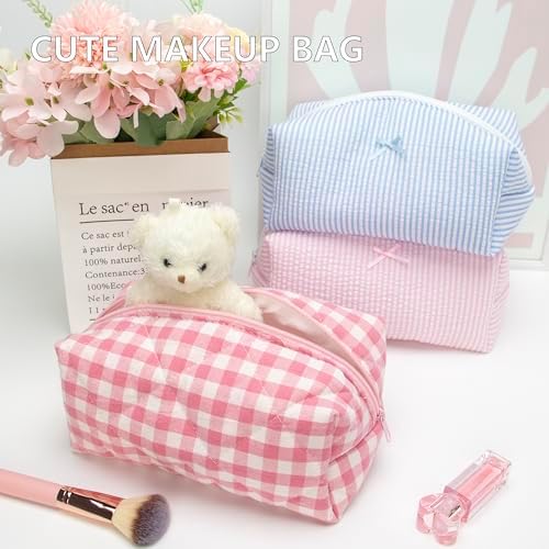 PAZIMIIK Cozy Makeup Bag Small Aesthetic Travel Zipper Cosmetic Pouch for Women Make Up Beauty Accessories Brushes Pink Checkered - Image 5