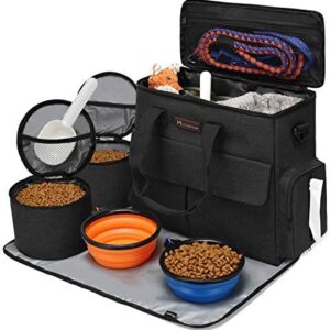 Modoker Dog Travel Bag Dog Travel Kit for a Weekend Away Set Includes Pet Travel Bag Organizer for Accessories, 2 Collapsible Dog Bowls, 2 Travel Dog Food Container (Black)