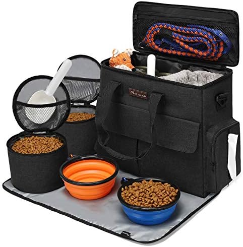 Modoker Dog Travel Bag Dog Travel Kit for a Weekend Away Set Includes Pet Travel Bag Organizer for Accessories, 2 Collapsible Dog Bowls, 2 Travel Dog Food Container (Black)