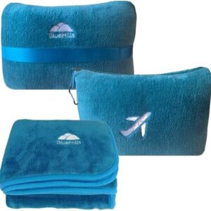 BlueHills Travel Blanket Pillow in Mini Soft Case Premium Plush Airplane Blanket in Soft Bag Compact Pack with Luggage Belt and Backpack Clip Airline Car 2 in 1 Traveler Essentials - Teal Blue M03