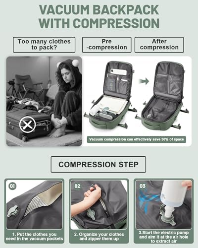 Vacuum Backpack Travel Laptop Backpacks For Women Men Carry On Backpack With Vacuum Compression Bags Seal Packing Personal Item Travel Bag Airback Backpacks With Pump Olive Green - Image 4
