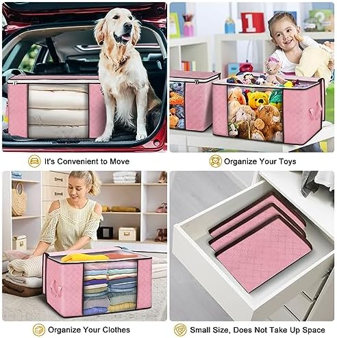 Budding Joy 90L Large Storage Bags, 4 Pack Clothes Storage Bins Foldable Closet Organizer Storage Containers Storage and Organization for Clothes, Blanket, Pillows and Toys (Pink) - Image 5