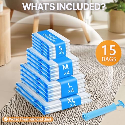 15 Pack Vacuum Storage Bags,Vacuum Seal Bags for Clothing with Hand Pump, 2 Jumbo+4 Large+4 Medium+5 Small, 80% Space Saver Bags for Clothes, Pillows, Comforters and Blankets, Home Travel Essentials - Image 5