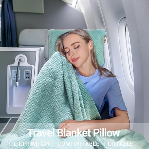 Travel Blanket Pillow-Premium Soft 2 in 1 Airplane Blanket for Long Trips Essentials with Bag Pillowcase, Hand Luggage Sleeve and Backpack Clip (Mint Green) - Image 6