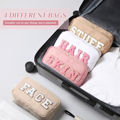 Remerry 4 Pcs Travel Toiletry Bags for Women Nylon Makeup Bag Organizer Cosmetic Chenille Letter Pouch Zipper Preppy Waterproof Hair Pouch Christmas Gift (Light Brown, Beige, Light Pink, White) - Image 4