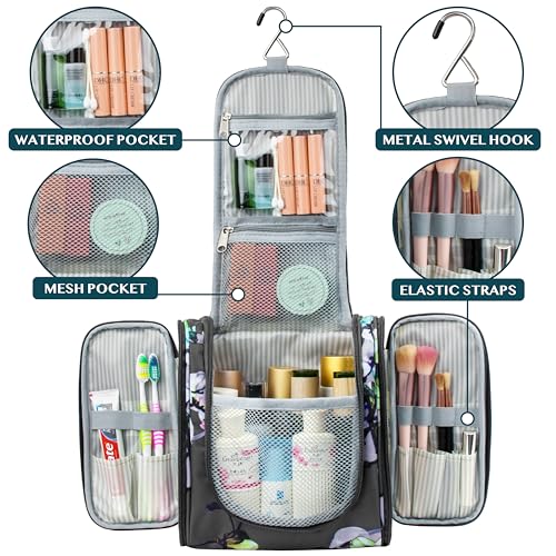 PAVILIA Toiletry Bag Travel Bag for Women Men, Hanging Cosmetic Organizer, Water Resistant Makeup Bag for Accessories Toiletries, Large Travel Essentials Kit (Floral Grey) - Image 2