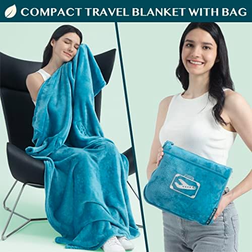 PAVILIA Travel Blanket Pillow in Soft Bag with Pockets, Airplane Blanket Set, Plane Blanket Compact Packable, Flight Essentials Car Pillow, Travelers Accessories Gifts, Luggage Strap, Turquoise - Image 2