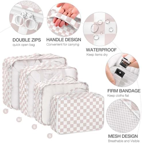 8 Set Packing Cubes for Suitcases, Packing Cubes with Shoe, Cosmetics, Clothing, Accessories Bags for Travel Luggage Organizer Women Men(Light Pink Checkered) - Image 3