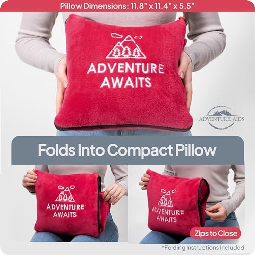Travel Blanket & Pillow Set of 2- Super Soft 2-in-1 Compact Blanket with Hand & Feet Pouches, Converts into Plush Pillow, Large Size for Airplanes, Travel Essentials, Luggage Sleeve & Clip (Teal/Red) - Image 7