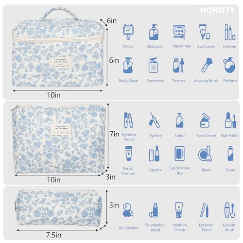 Makeup Bag,Quilted Cosmetic Bag,Large Floral Make Up Bag for Women,Cotton Makeup Bag Set,Flower Travel Toiletry Bag - Image 2