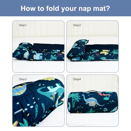 PHF Toddler Nap Mat with Removable Pillow and Minky Fleece Blanket, Rollup Design Warm Slumber Bags for Boys, 50"x20"x2" Kids Sleeping Bag for Daycare Preschool Travel Camping, Dinosaur - Image 6