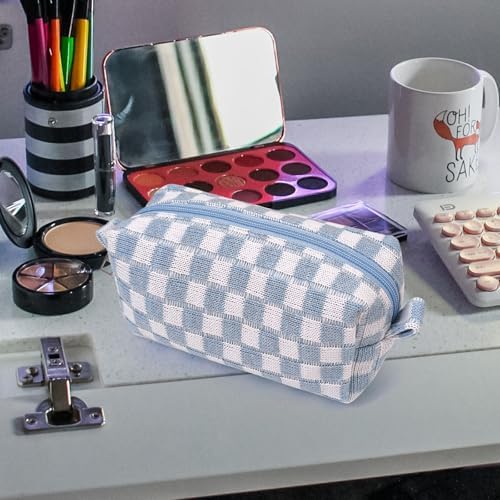 Small Cute Checkered Makeup Bag - Portable Cosmetic Pouch with Zipper, Travel Toiletry Bag, Purse Organizer, Beauty Storage, Blue - Image 5