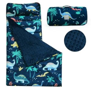 PHF Toddler Nap Mat with Removable Pillow and Minky Fleece Blanket, Rollup Design Warm Slumber Bags for Boys, 50"x20"x2" Kids Sleeping Bag for Daycare Preschool Travel Camping, Dinosaur