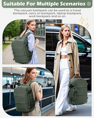 Vacuum Backpack Travel Laptop Backpacks For Women Men Carry On Backpack With Vacuum Compression Bags Seal Packing Personal Item Travel Bag Airback Backpacks With Pump Olive Green - Image 8