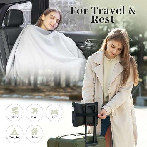 Travel Blanket and Pillow Set - Small, Compact, Lightweight Throw for Airplane, Car, Office & Portable Comfort Fleece, Camping, Emergency, Long Flight Must Haves (Black) - Image 5