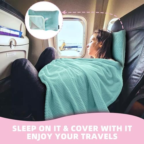 3 in 1 Travel Blanket Pillow Set - 350 GSM Thick Travel Blanket Airplane Compact with Bag, Soft Bag with a Pocket, Inflatable Travel Pillow for Camping & Car Trip(Mint Green) - Image 2