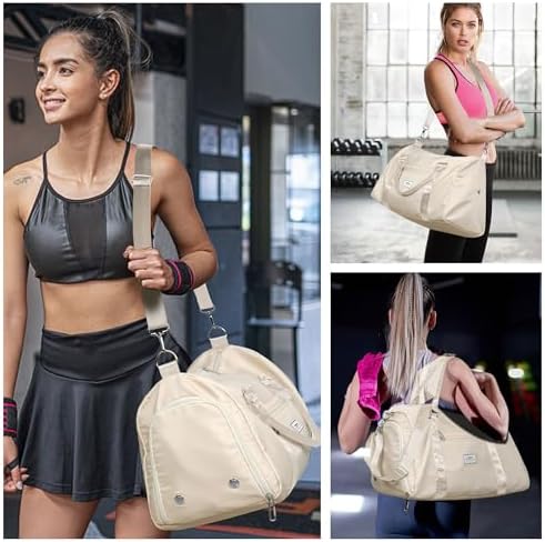 FIORETTO Womens Gym Tote Duffle Bag with Wet Pocket & Shoe Compartment, Sports Duffel Overnight Weekender Hospital Workout Carry on Bag for Girls, Ideal for Travel, Swimming, Dance, Ballet Beige - Image 6