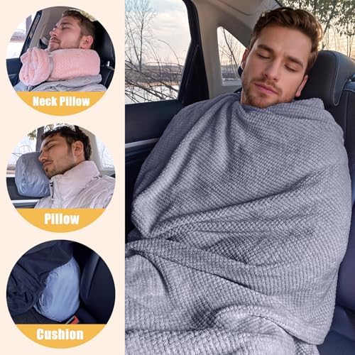 Travel Blanket Airplane Compact with Bag, Lightweight & Packable 2 in 1 Airplane Blanket or Travel Pillow, Travel Essentials for Women Men & Kids, Grey - Image 3