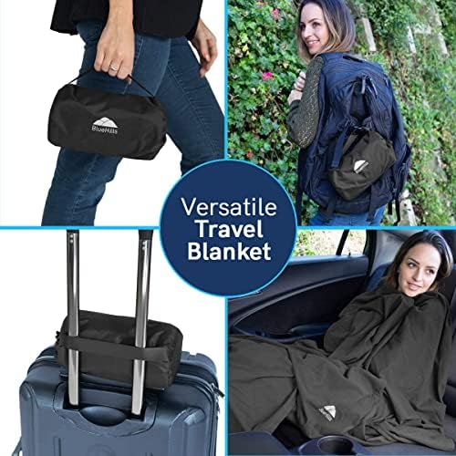 BlueHills Ultra Compact Travel Blanket Pillow in Portable Bag Case with Hand Luggage Belt & Backpack Clip Premium Cozy Soft Compact Pack Large Blanket for Airplane Flight Layover Black C003 - Image 2