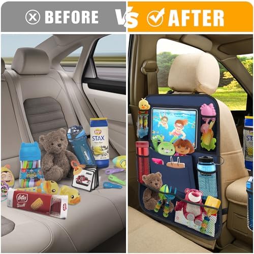 Car Backseat Organizer with 11" Table Holder, 10 Storage Pockets Seat Back Protectors Kick Mats for Kids Toddlers, Travel Accessories, 2 Pack, Blue - Image 3