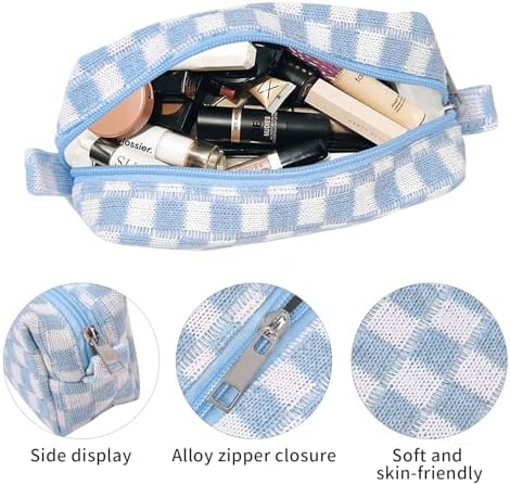 Small Cute Checkered Makeup Bag - Portable Cosmetic Pouch with Zipper, Travel Toiletry Bag, Purse Organizer, Beauty Storage, Blue - Image 2