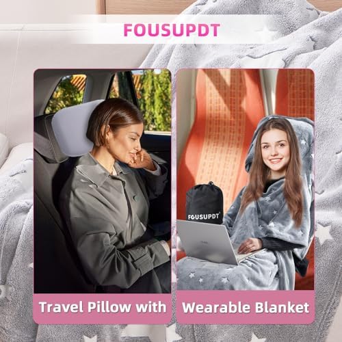 Travel Blanket with Tavel Pillow, 2 in 1 Wearable Airplane Blanket, Packable Travel Blanket and Pillow Set for Flight, Car, Camping, Gift, 70.8*51.9 inch - Image 2
