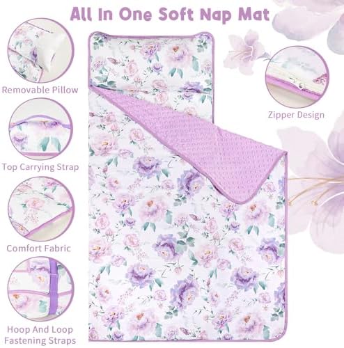 Toddler Nap Mat with Removable Pillow & Soft Minky Blanket, HNHUAMING Extra Large Rolled Napping Mats for Girls Boys, Purple Kids Slumber Bags for Daycare, Preschool Travel Camping, Floral - Image 3