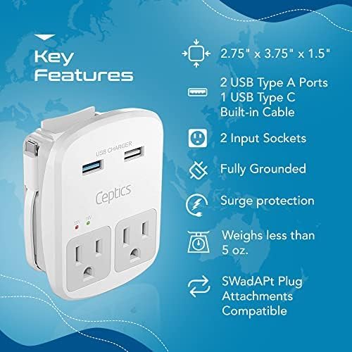Ceptics Universal Travel Adapter Kit – 2 USA sockets, 1x USB-A & C, 1x PD 35W Type C port and cable, Surge Protected, Plugs for EU, UK, China, AU, Japan - Use with Laptop, Phones, Cameras - ETL Tested - Image 4