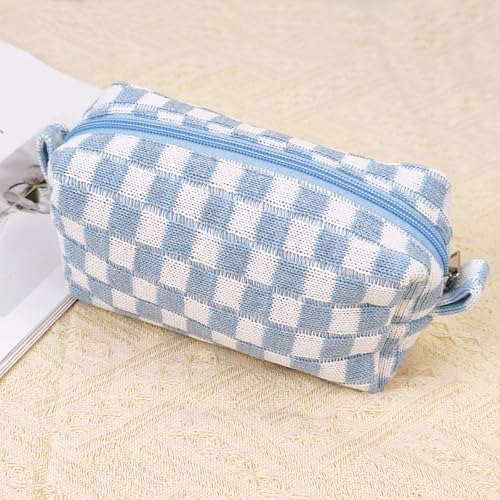 Small Cute Checkered Makeup Bag - Portable Cosmetic Pouch with Zipper, Travel Toiletry Bag, Purse Organizer, Beauty Storage, Blue - Image 6